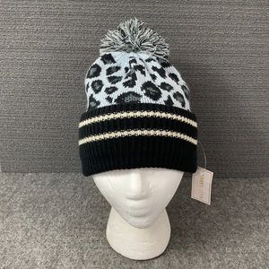 Amiee Lynn Beanie Women's One Size Black Blue Leopard Print Soft Knit Pom